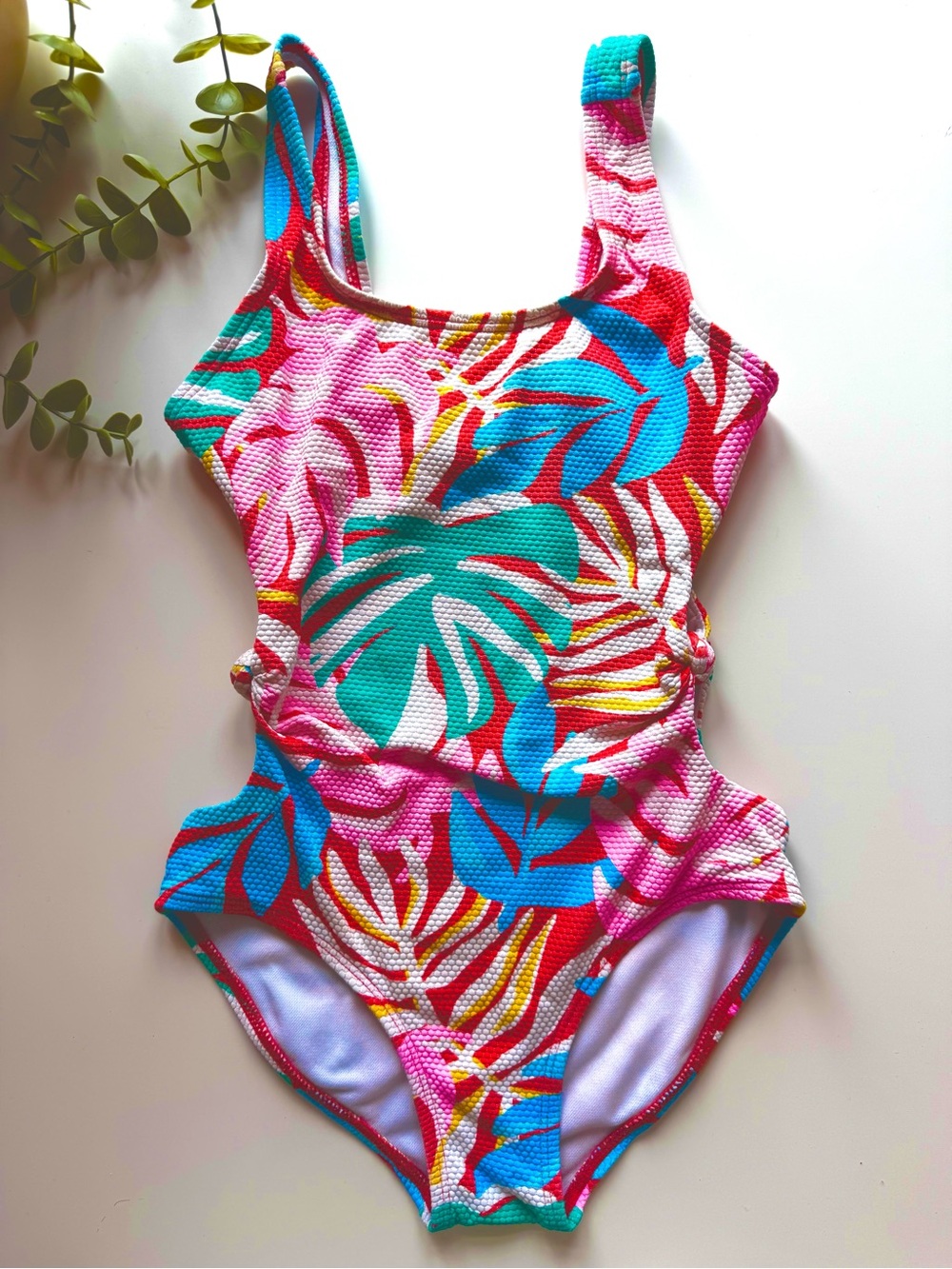 Cat & Jack Tropical Textured One Piece Swimsuit Size 5/6X Pink Blue Palm Print